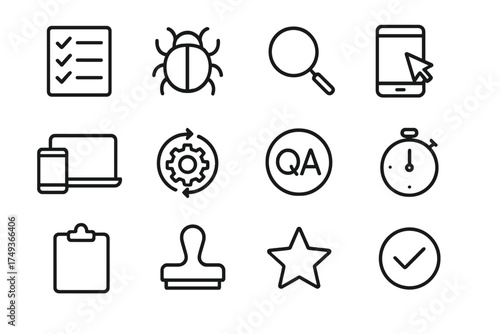 App Development Icons. A team working on an app development project in a tech startup. Line outline icon set