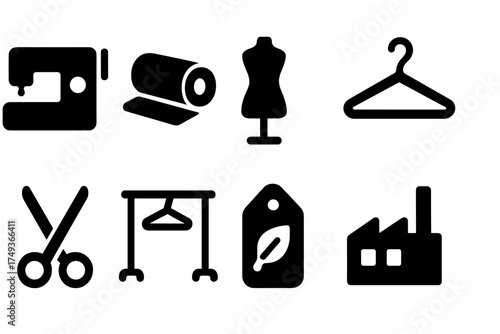 Fashion Icons Set. Fashion Industry. Filled icon set of Fashion Industry: sewing machine, fabric roll,