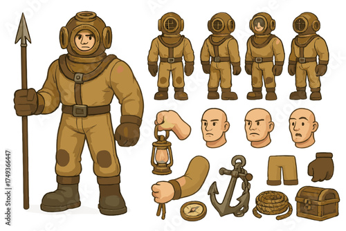 Deep-Sea Diver Adventure. Cartoon realistic vector illustration, Character constructor style, isolated