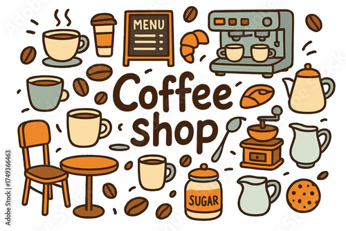 Coffee Shop Doodles. Coffee shop. Hand-drawn doodle illustration of Coffee shop. coffee cups, mugs, espresso