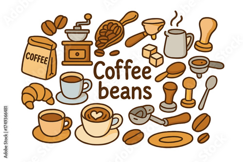 Coffee Delight Doodle. Coffee beans. Hand-drawn doodle illustration of Coffee beans. roasted beans, grinder,