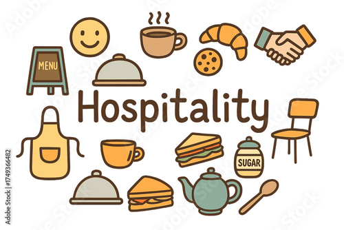 Colorful Hospitality Icons. Hospitality. Hand-drawn doodle illustration of Hospitality. smiling face, coffee