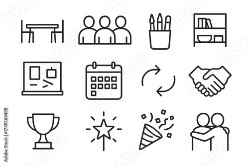 Creative Studio Icons. Creative energy in shared spaces like art studios or workshops. Line outline icon set