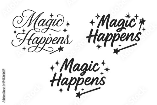 Magic Lettering Variations. Magic Happens. Create a calligraphy lettering illustration of the phrase: Magic