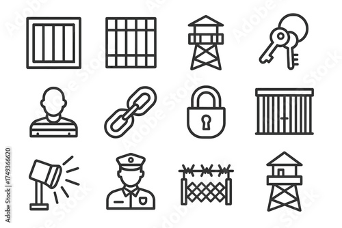 Law Enforcement Icons. Criminal investigations and police law enforcement. Line outline icon set of Criminal