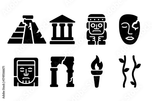 Lost Civilizations Icons. Lost Civilizations. Filled icon set of Lost Civilizations: crumbling pyramid,