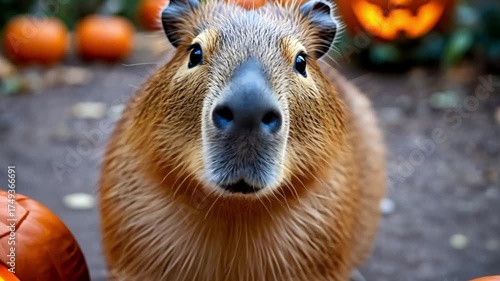 A capybara wearing an orange outfit sits among carved pumpkins and autumn leaves. The scene is festive and captures a playful Halloween spirit.