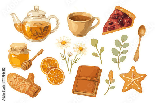 Autumn Tea Sticker Sheet. Generate a sticker sheet in realistic watercolor style on a transparent background