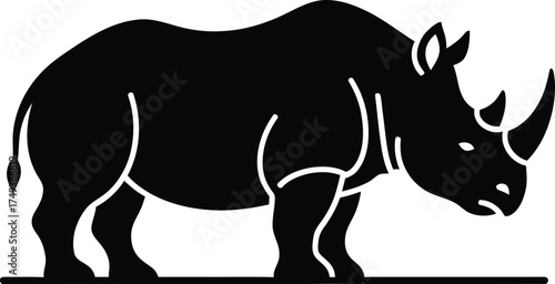 Stylized black silhouette of a rhinoceros with a single horn standing on a white background