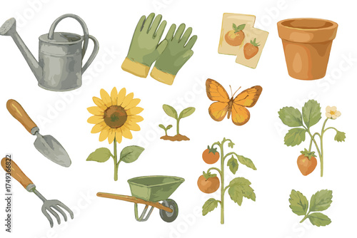 Garden Sticker Collection. Garden. Realistic watercolor style sticker sheet. Add at least 10 separate elements