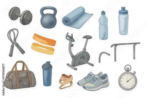 Fitness Sticker Sheet. Fitness. Realistic watercolor style sticker sheet of fitness: dumbbells, kettlebell,