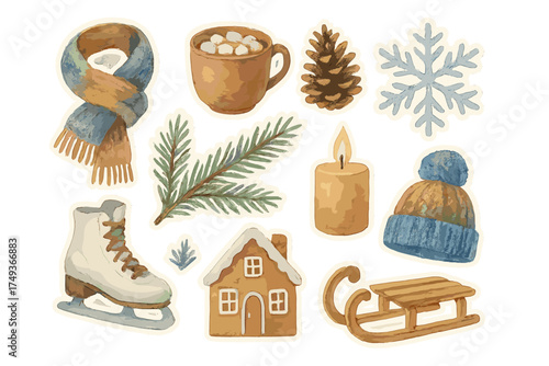 Winter Sticker Collection. Generate a sticker sheet in realistic watercolor style on a transparent background