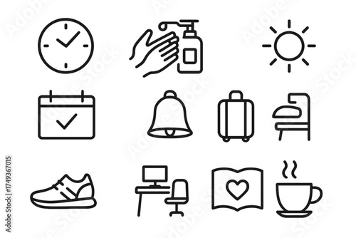 Daily Routine Icons. Using hand lotion. Line outline icon set of Using hand lotion: clock, daily routine,
