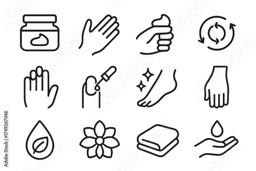 Hand Care Icons. Using hand lotion. Line outline icon set of Using hand lotion: jar of cream, hand icon,