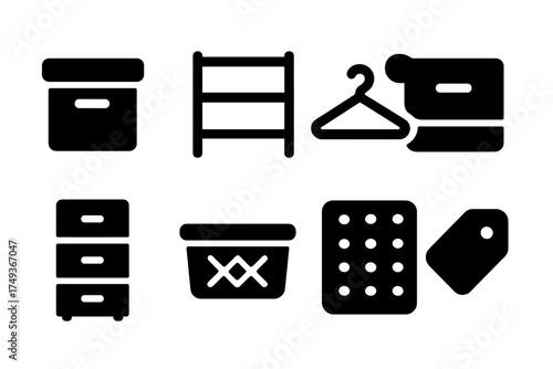 Black Organization Icons. Organization. Filled icon set of Organization: storage box, shelf, clothes hanger,