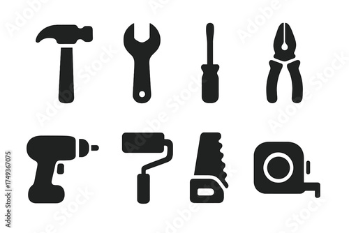 Black Tool Icons. Tools. Filled icon set of Tools: hammer, wrench, screwdriver, pliers, drill, paint roller,