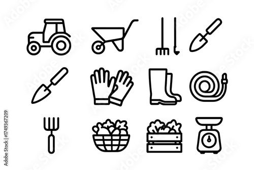 Urban Farming Icons. Urban farms. Line outline icon set of Urban farms: tractor, wheelbarrow, rake, hoe,