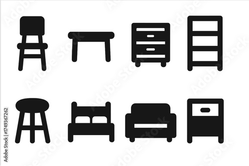 Affordable Furniture Icons. Affordable Furniture. Filled icon set of Affordable Furniture: chair, coffee table