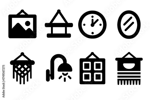 Black Wall Decor Icons. Wall Decor. Filled icon set of Wall Decor: framed art, hanging shelf, clock, mirror,