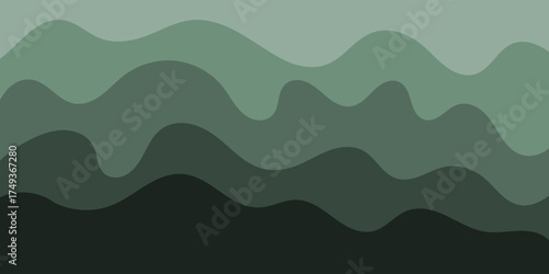 Vector illustration of a misty mountain landscape with a vibrant sky and forest silhouette. Abstract background.