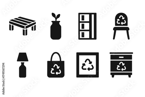 Upcycling Icon Set. Upcycling. Filled icon set of Upcycling: pallet table, glass jar vase, crate shelf,