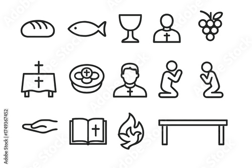 Christian Community Icons. The importance of community in Christian life. Line outline icon set of The