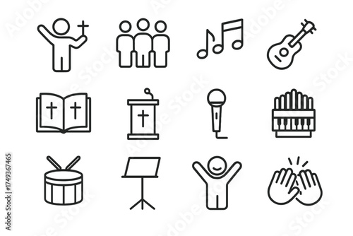 Christian Community Icons. The importance of community in Christian life. Line outline icon set of The