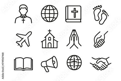 Christian Community Icons. The importance of community in Christian life. Line outline icon set of The