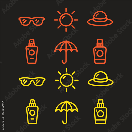 Summer vacation icons for sun protection and beach fun