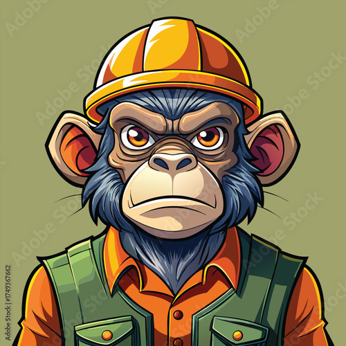 Angry cartoon monkey construction worker with hard hat looking serious