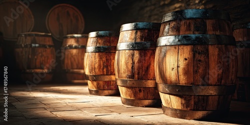 Whiskey or cognac barrels. Wine barrel cellar. Alcohol production.