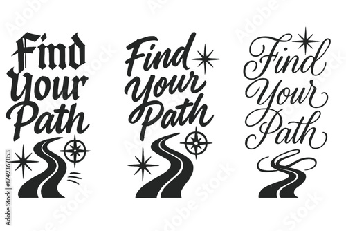 Diverse Calligraphy Styles. Find Your Path. Create a calligraphy lettering illustration of the phrase: Find