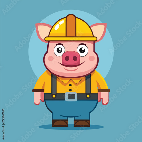 Cute cartoon pig construction worker character with yellow helmet and overalls