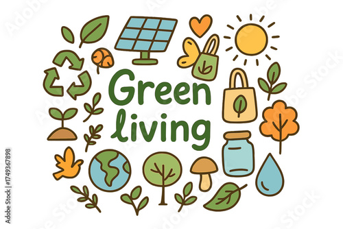 Green Living Doodles. Green living. Hand-drawn doodle illustration of Green living. leaves, solar panel,