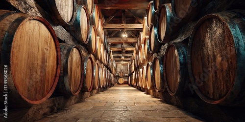 Whiskey or cognac barrels. Wine barrel cellar. Alcohol production.