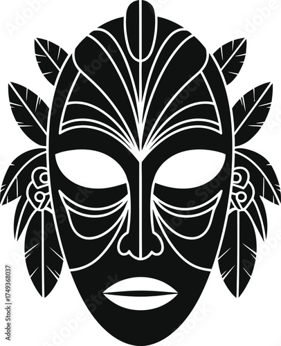 Stylized black tribal mask with feather accents and intricate patterns on white background