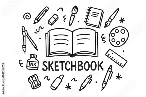 Creative Sketchbook Doodles. Sketchbook. Hand-drawn doodle illustration of Sketchbook. In the middle, one