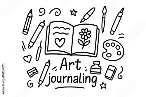 Art Journaling Doodles. Art journaling. Hand-drawn doodle illustration of Art journaling. In the middle, one