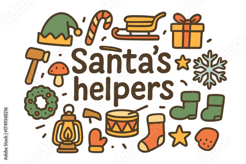 Santa's Helpers Doodle. Santa’s helpers. Hand-drawn doodle illustration of Santa’s helpers. elf hat, candy