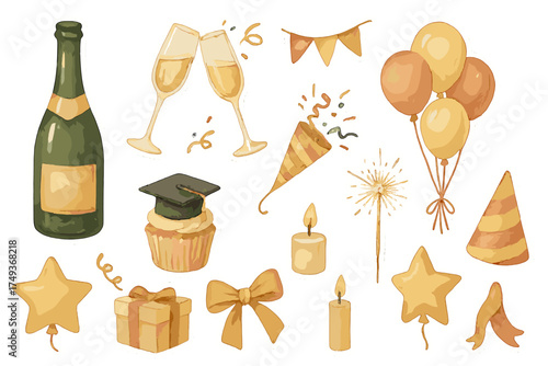 Watercolor Graduation Stickers. Graduation Celebration. Realistic hand-painted watercolor style sticker sheet