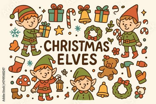 Christmas Elves Doodle. Christmas elves. Hand-drawn doodle illustration of Christmas elves. pointy hat, gift