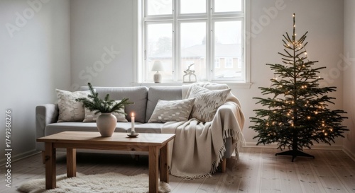Cozy Living Room Decorated for the Holidays with a Beautiful Christmas Tree and Warm Ambiance