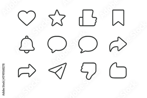 Mobile CTA Icon Set. CTA buttons on mobile. Line outline icon set of CTA buttons on mobile: heart, star,