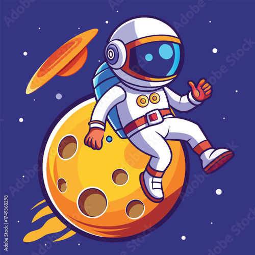 Cartoon Astronaut Floating in Space on Planet with Saturn like object