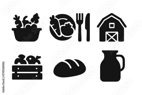 Farm to Table Icons. Farm to Table. Filled icon set of Farm to Table: basket of produce, plate with vegetables