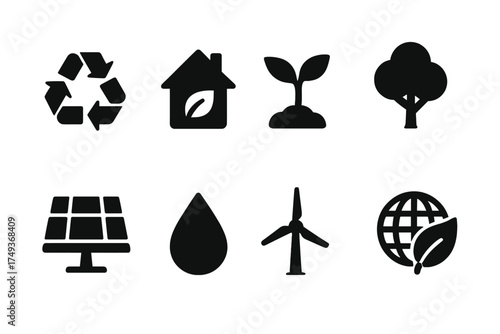 Sustainability Icon Set. Sustainability. Filled icon set of Sustainability: recycling arrows, eco house,
