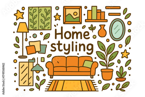 Home Styling Doodle. Home styling. Hand-drawn doodle illustration of Home styling. sofa, lamp, rug, wall panel
