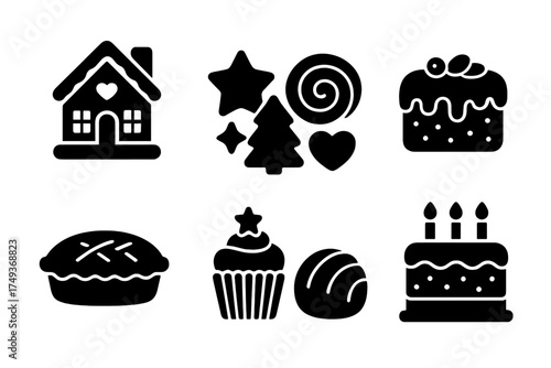 Festive Baking Icons. Festive Baking. Filled icon set of Festive Baking: gingerbread house, sugar cookies,