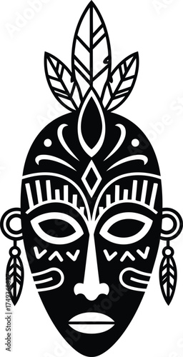 Stylized black tribal mask with feathers adornment and geometric patterns on white background