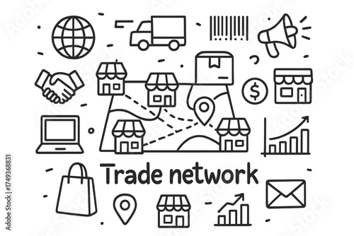 Trade Network Doodles. Trade network. Hand-drawn doodle illustration of Trade network. In the middle, one